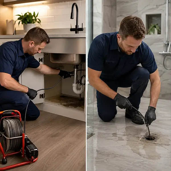 Professional plumber using a snake to clear a clogged kitchen and bathroom drain in Houston